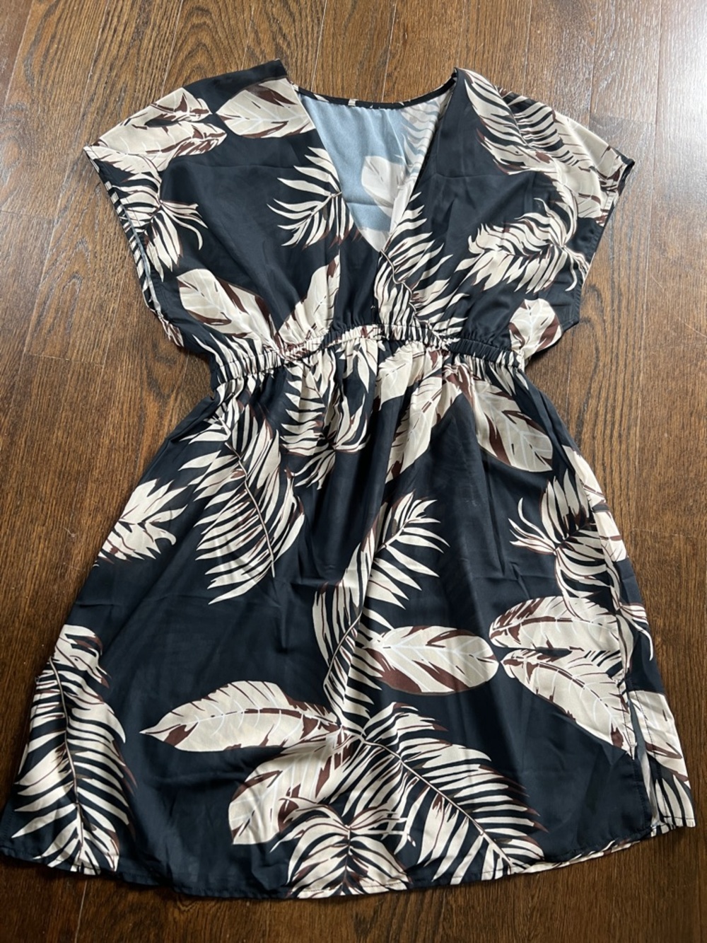 Black Tropical Print V-Neck Women's Dress